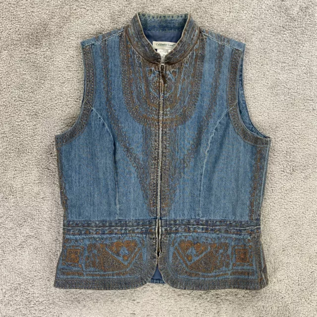 Coldwater Creek Womens Blue Denim Full Zip Vest Medium Sleeveless Embroidered