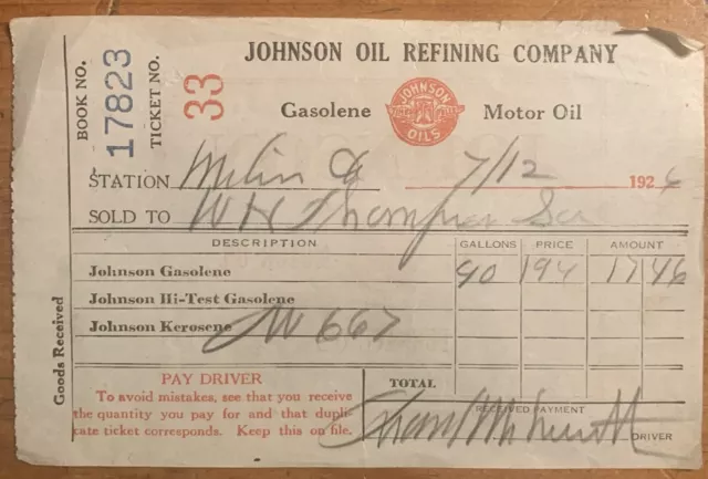 1926 Johnson Oil Refining Gasoline Receipt