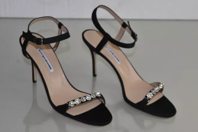 NEW Manolo Blahnik Ankle Strap Sandals Black Jeweled Heels Satin Shoes 41.5