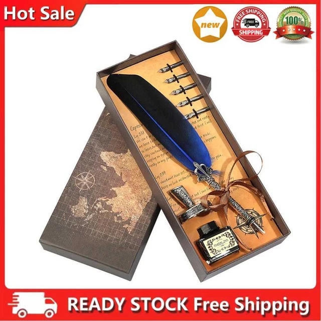 RETRO CALLIGRAPHY FEATHER Dip Pen Writing Ink Quill Fountain Pen Set ...