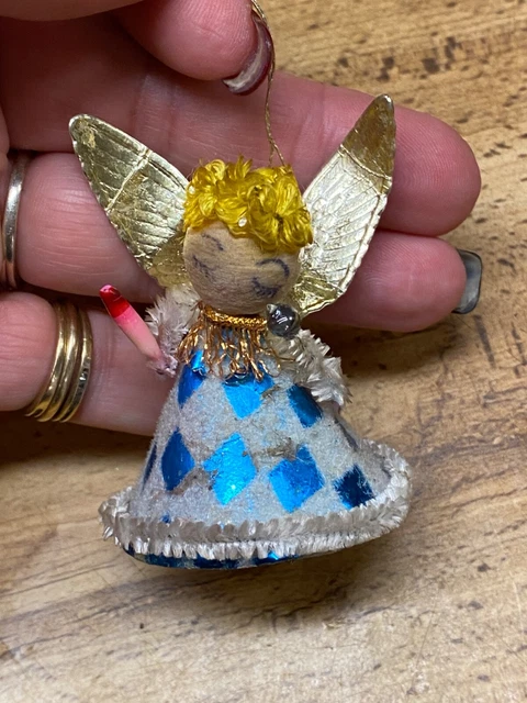 Vintage Paper Check Pipe Cleaner Angel Japan Christmas Ornament 2 1/2"