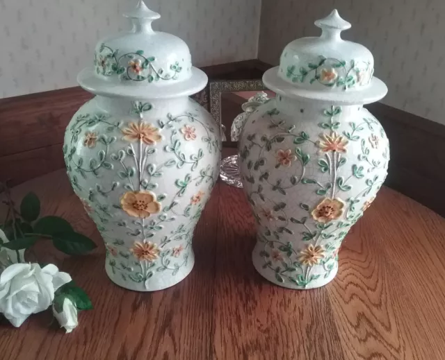 Vases Ginger Jars  Crackle Glazed Ginger Jars W/Raised Flowers Italy