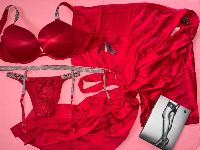 Victoria's Secret 34DDD,36DDD BRA SET+garter skirt+TEDDY RED lace SHINE  STRAP