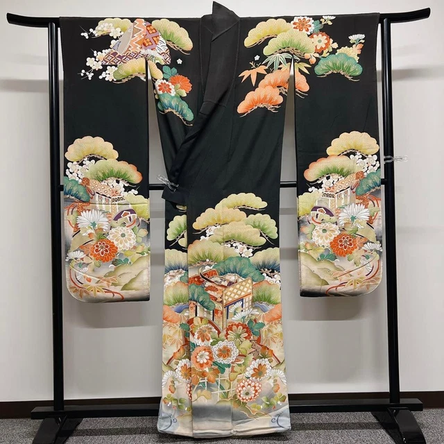 Woman Japanese Kimono Furisode Gold Koma Embroidery black from japan 3