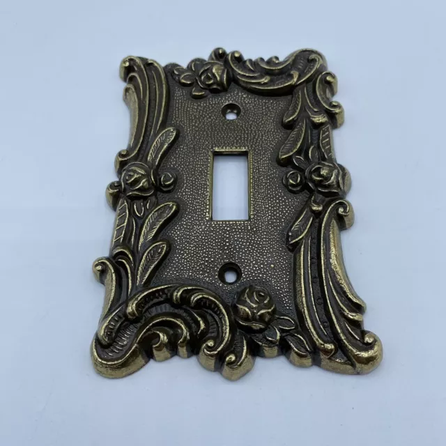 Vintage Single Light Switch Cover Plate Rose Ornate Antique Brass Metal MCM