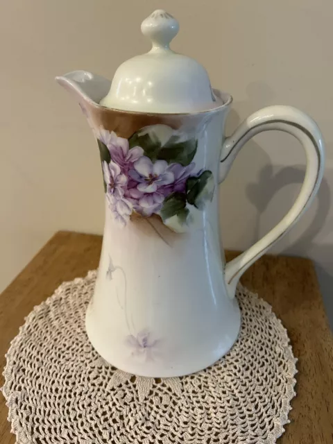 Vintage Nippon Hand Painted Violet Flowers Tall Tea Coffee Chocolate Pot 9” Tall