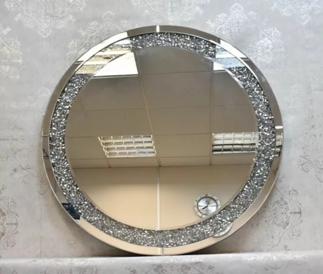 Extra large Round Diamond Crushed Gems Mirror Lounge Jewelled Bedroom 60cm, 80cm