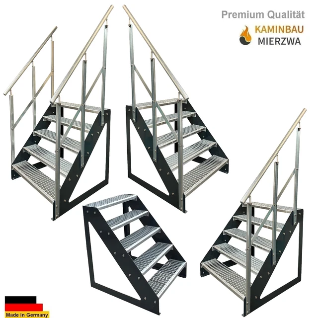 Außen-Treppe Anthrazit Freistehend 5 Stufen & Geländer Verzinkt Breite 60-140cm