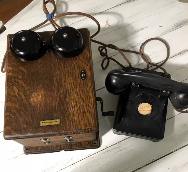 Vintage Western Electric Hand Crank Telephone Oak Case 5 Bar Magneto Ringer Box 