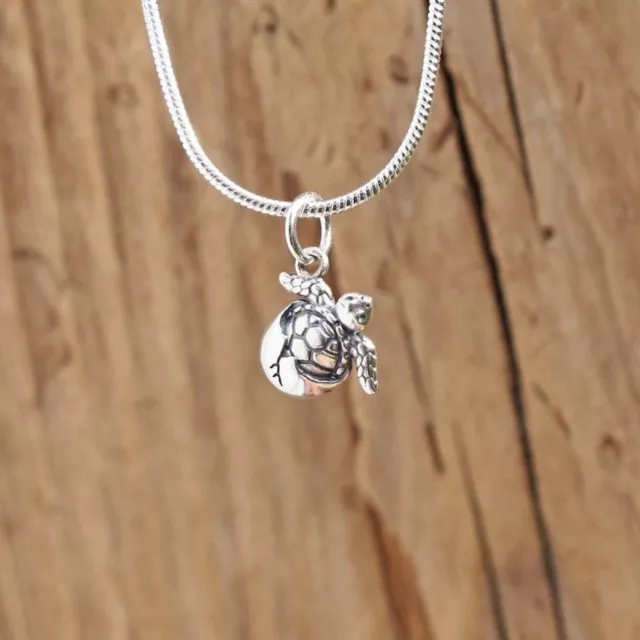 Baby Turtle In Egg Realistic Charm Pendant Necklace Tortoise Sterling Silver Box