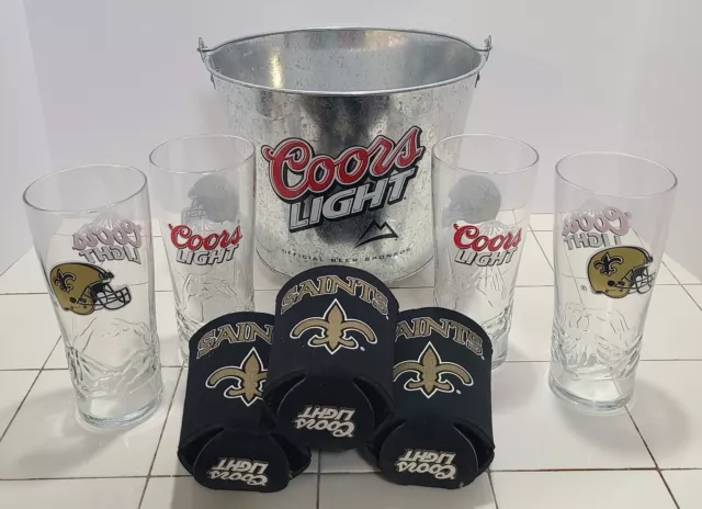 New Orleans Saints Coors Light 16oz Glass Set of 4 w/ Metal Bucket, 3 Koozies