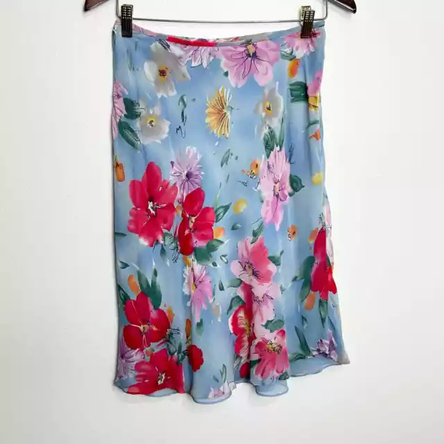 Lauren Ralph Lauren Silk Womens Skirt 4 90s Blue Floral Sheer Layered Flowy