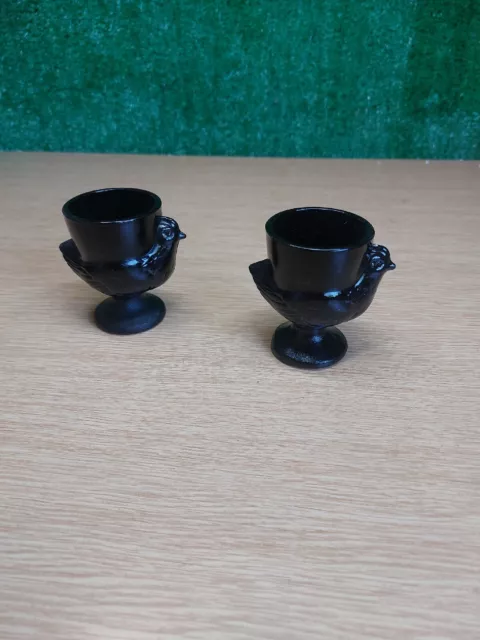 Vintage French Black  Glass Egg Cup Eggcup Chicken Hen Made In France X 2