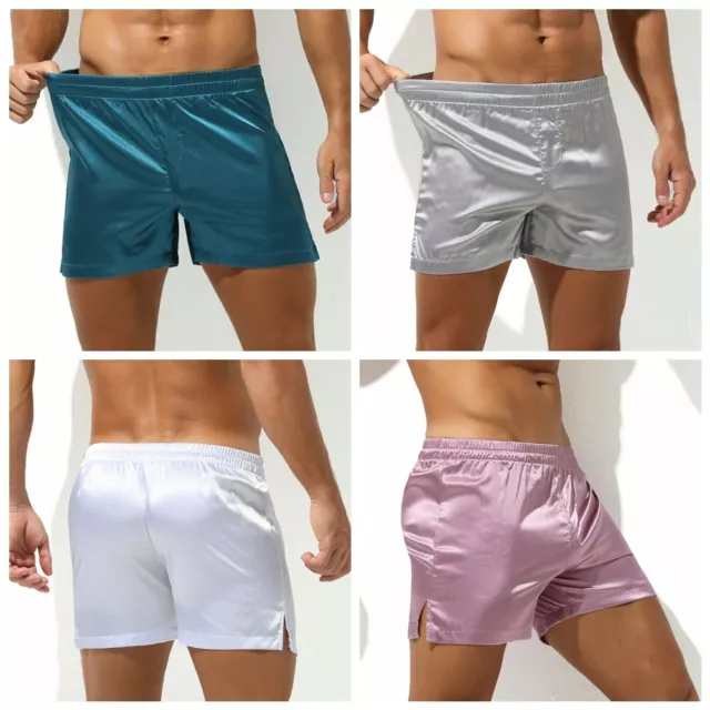 Mens Silky Satin Lounge Shorts Side Split Boxer Brief Mid Waist Underwear Bottom