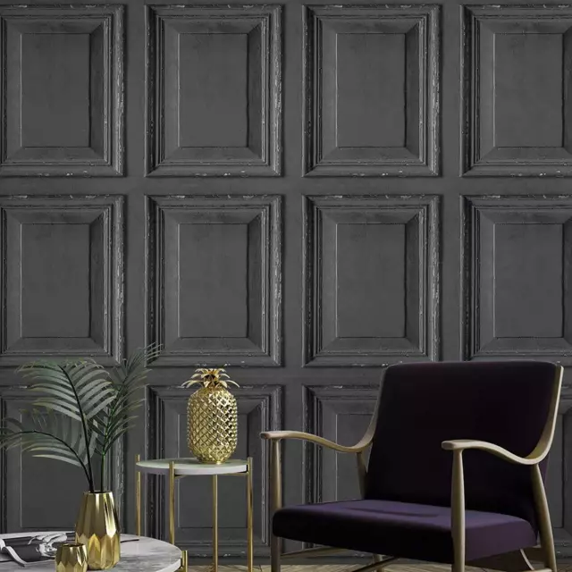 Grandeco Wood Panel Wallpaper Vinyl Distressed Wooden Panelling Black A49203