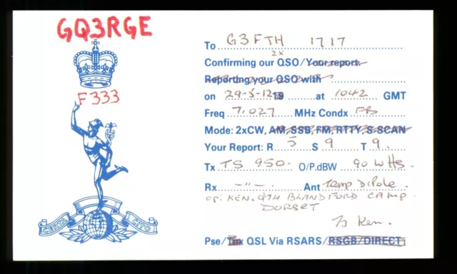 1 x QSL Card Radio UK RSARS F333 GQ3RGE 2012 Blandford Camp Dorset ≠ T784