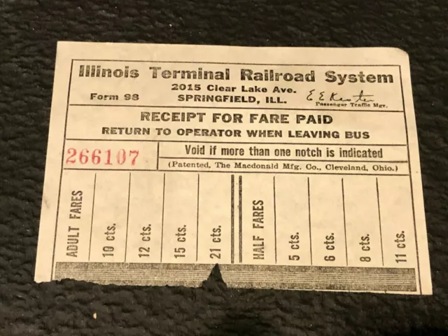 Vintage (1937-1956) Illinois Terminal Eisenbahnsystem Ticket (Zugwagen)!