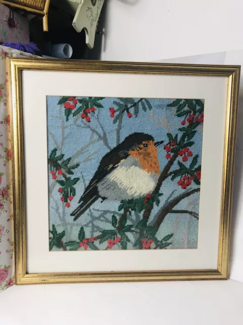 vintage hand embroidered Cross Stitch Robin Bird Picture