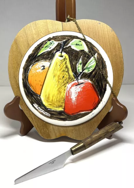 Vintage 1960s Fred Press Ceramic Tile Cheese Board Appetizer Tray Wood With Knif