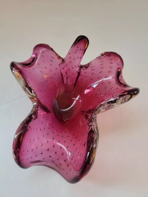 Vintage Murano Cranberry Art Glass Bowl Dish Controlled Bubbles
