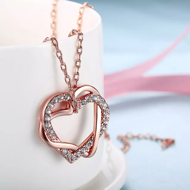 New 18K Rose Gold Plated Women's Heart Pendant Necklace Lab Diamond Crystal Gift 3