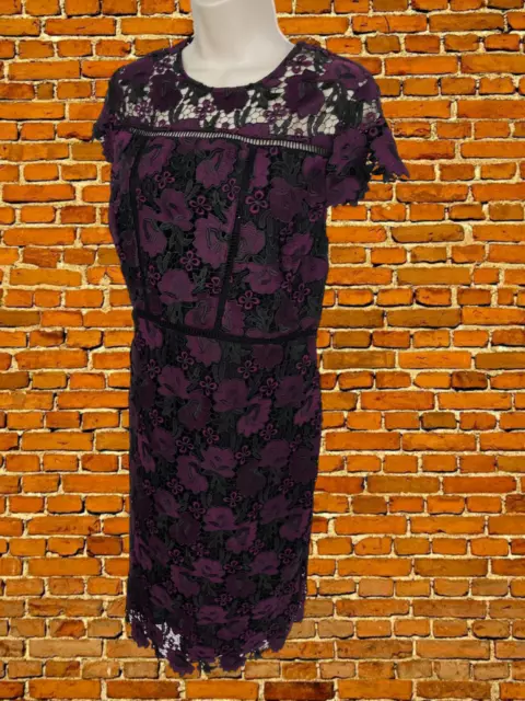 Womens M&S Collection Size Uk 16 Plum Black Lace Overlay Sheath Dress Knee Midi