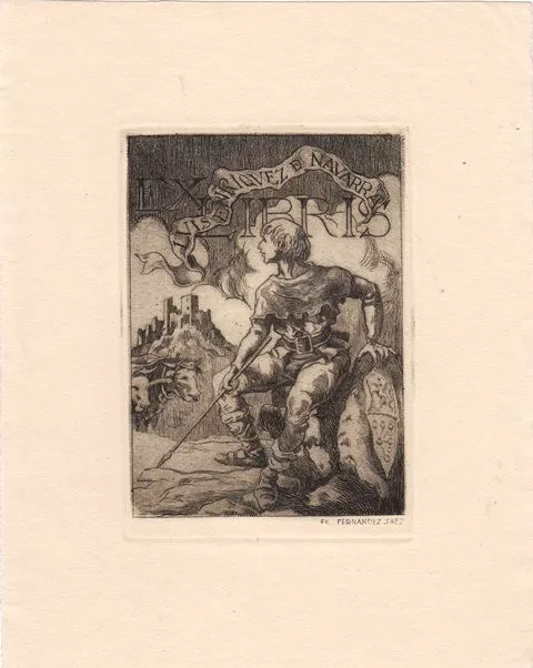 Exlibris Bookplate Radierung Julio Fernandez Saez 1924 Knappe Rinder Burg