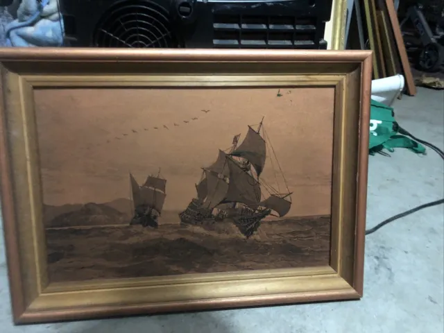 Tall Ships Etched Copper Wall Hanging Nautical Theme Framed Vintage