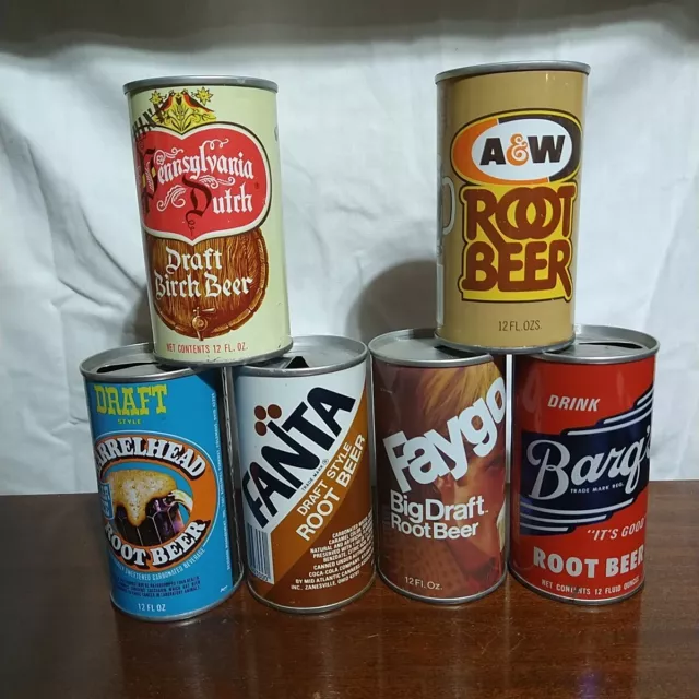 Lot 85 6 Vintage steel pull top 12 oz root beer soda pop cans. fanta pennsylvani