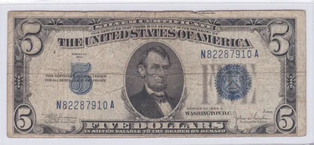$5 1934-C Silver Certificate Narrow Face Plate N-A Blue Seal FP#2028 N82287910A