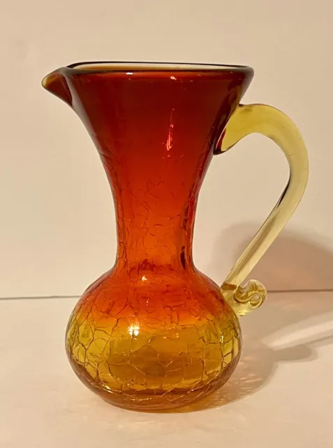 Vintage Hand Blown Crackle Glass Mini Pitcher/Vase Amberina Red/Orange/Yellow 5"