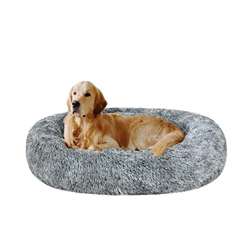 Oval Calming Donut Cuddler Dog Bed,Shag Faux Fur Cat Bed XL(36"x27"x7") Grey