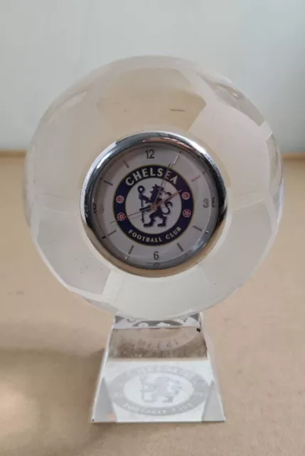 Rare, Chelsea F.C. solid glass crystal football shaped clock on engraved stand