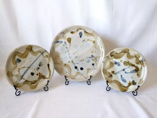 Set of 3 Glazed Abstract Studio Pottery Dinner Salad Dessert Plates