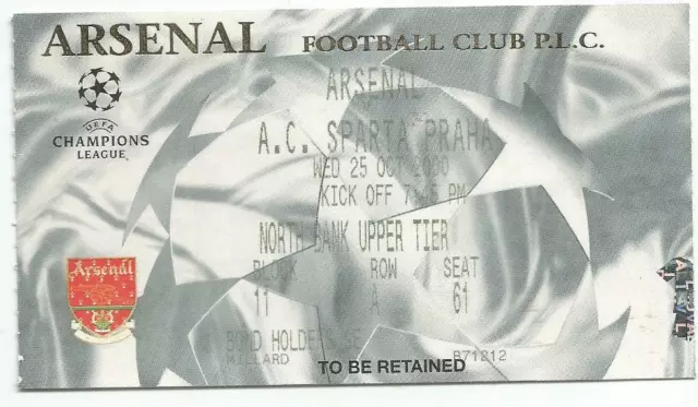 Football Ticket Stub - Arsenal v Sparta Praha - Champions League - 25/10/2000