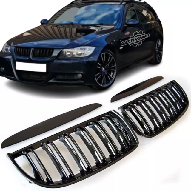 Front Kidney Grille Dual Slat Gloss Black For Bmw 3 Series E90 E91 2005-2008