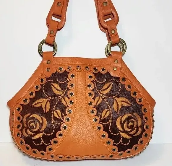 Isabella Fiore Orange Floral Embroidered Calf Hair On Studded Hand Bag Nwot$675