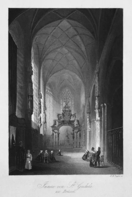1850 St. Gudula Brüssel Belgien Belgique Bruxelles Kirche Stahlstich gravure