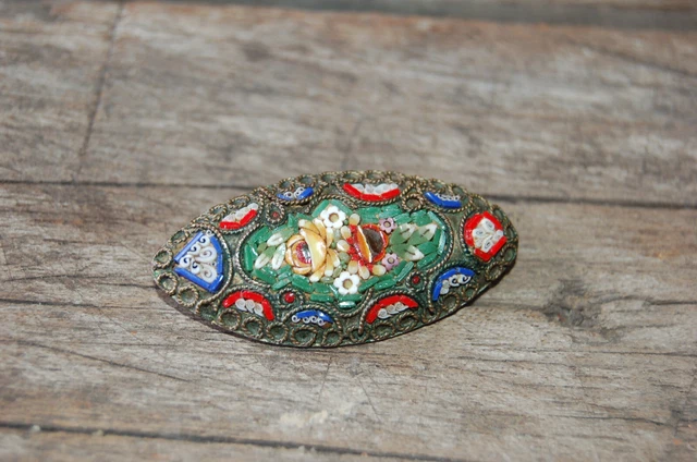 Broche plaque ancienne en or 9Kt et micro mosaïque florentine | Galerie