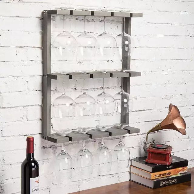 Gray Wood Stemware Rack, 12 Glassware Holder Rack, Wine Glasses Storage Hanger