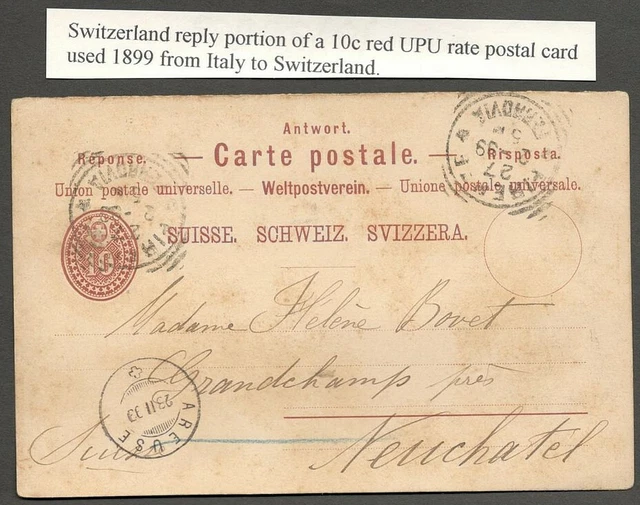 AOP Switzerland 1879 10c postal card reply portion used from Italy