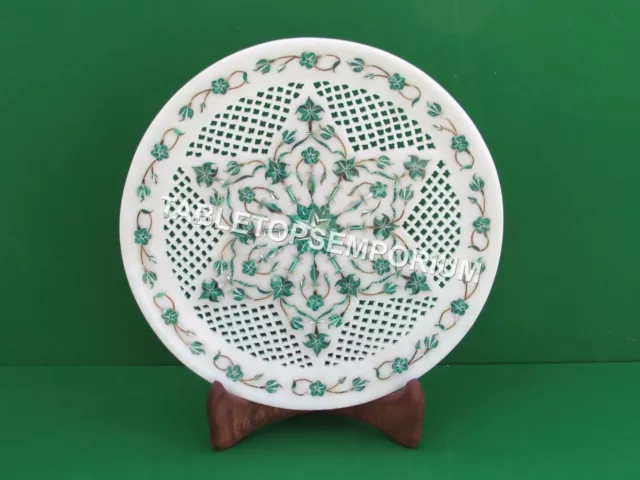 9" Filigree Marble Gorgeous Plate Precious Malachite Inlay Occasion Decor H4529