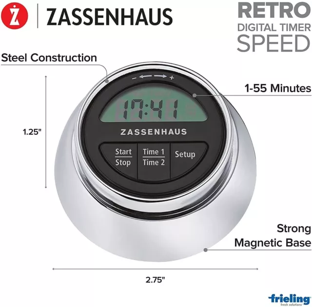 Zassenhaus Magnetic Retro Digital Kitchen Timer Speed 55 Minute 2.75-Inch Silver 3