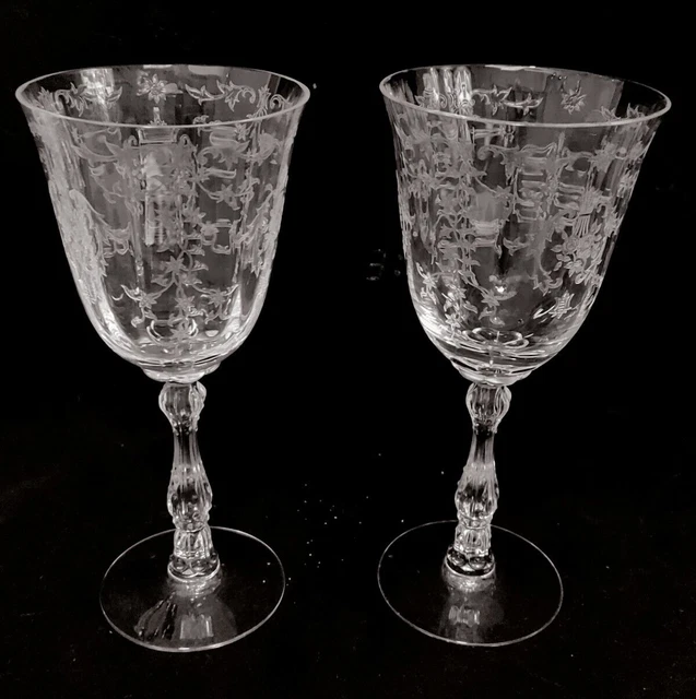 2 Vintage Etched NAVARRE by Fostoria Crystal Stemware - WATER GOBLETS  - 7 5/8"