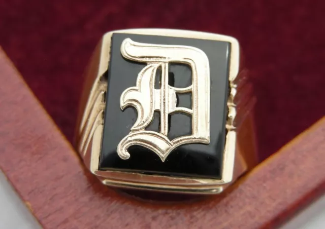 Superb C1960 Vintage Retro 10K Solid Gold Onyx "D" Monogram Unisex Ring Size O