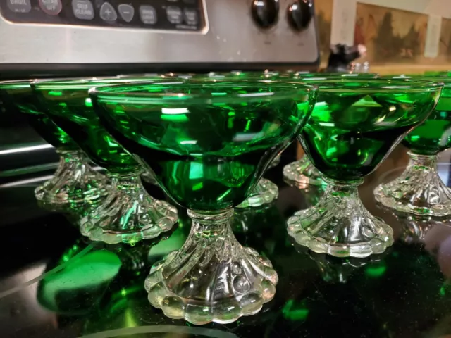 Vintage Set of 9 Anchor Hocking Green Glass Bubble-Burple Sherbet /Champagne