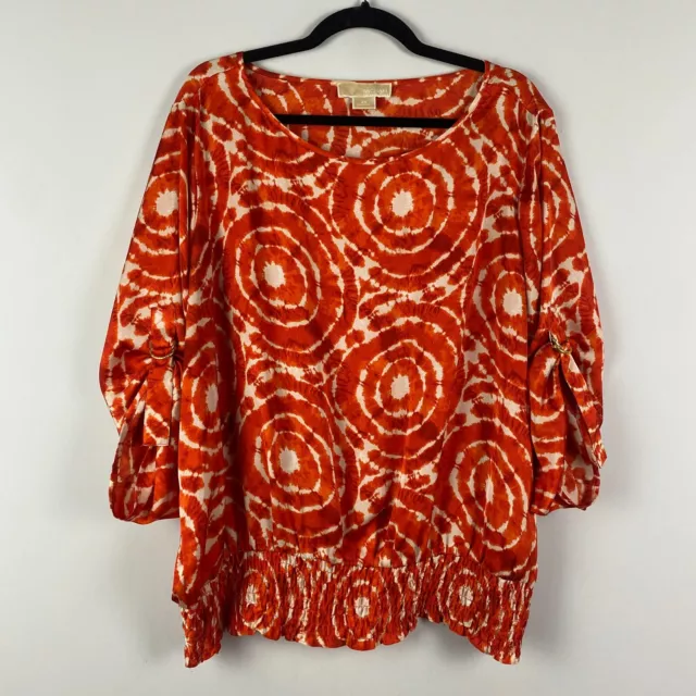 Michael Michael Kors Blouse Womens Plus Size 2X Orange White Tie Dye Smocked Top