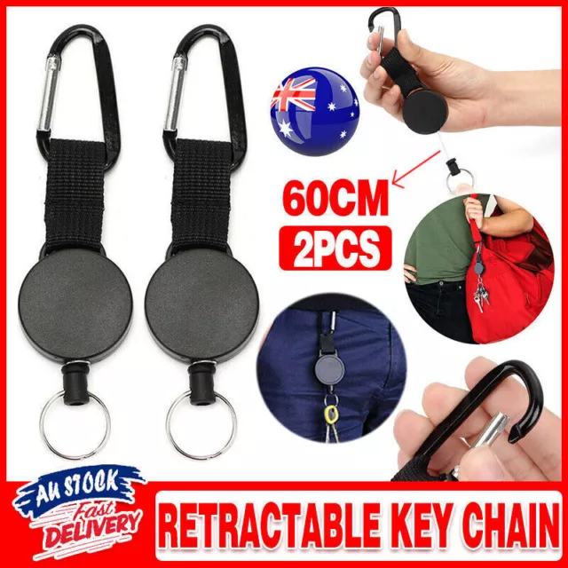 2 X Retractable Stainless Steel Keyring Pull Ring Key Chain Recoil Heavy Duty