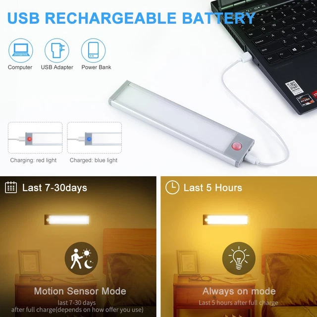 3 MODES MOTION Sensor LED Light Cabinet Closet Lamp USB Rechargeable ...