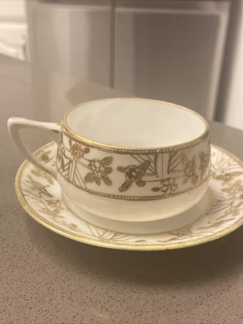 Morimura Nippon Teacup  Hand Painted Gold Moriage White Bone China Antique